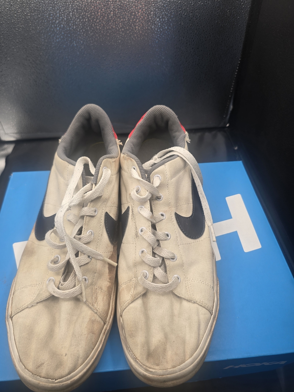 Nike Men’s Beige Canvas Sneakers with Black Swoosh and Red Heel Accent